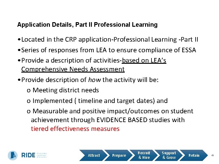 Application Details, Part II Professional Learning • Located in the CRP application-Professional Learning -Part