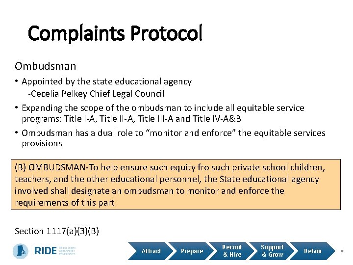 Complaints Protocol Ombudsman • Appointed by the state educational agency -Cecelia Pelkey Chief Legal