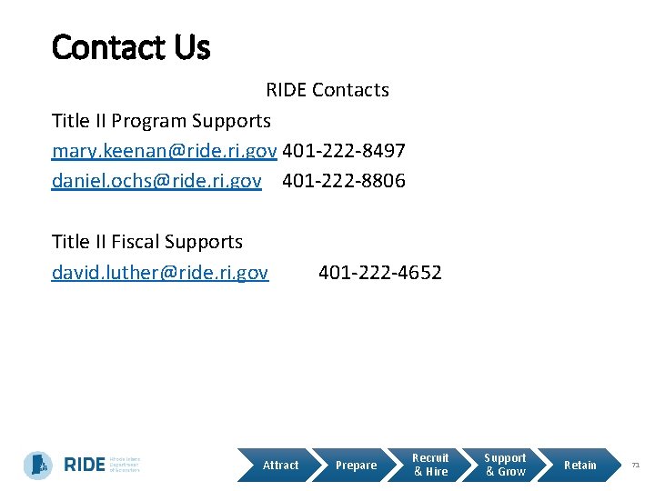 Contact Us RIDE Contacts Title II Program Supports mary. keenan@ride. ri. gov 401 -222