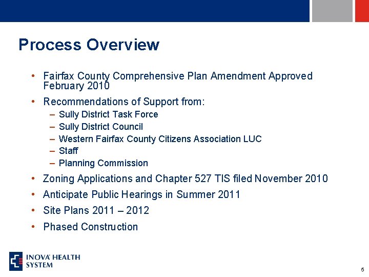 Process Overview • Fairfax County Comprehensive Plan Amendment Approved February 2010 • Recommendations of