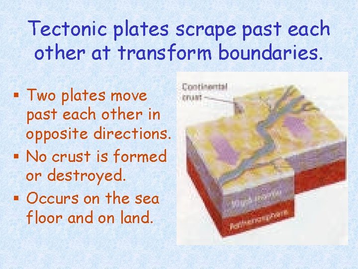 Tectonic plates scrape past each other at transform boundaries. § Two plates move past