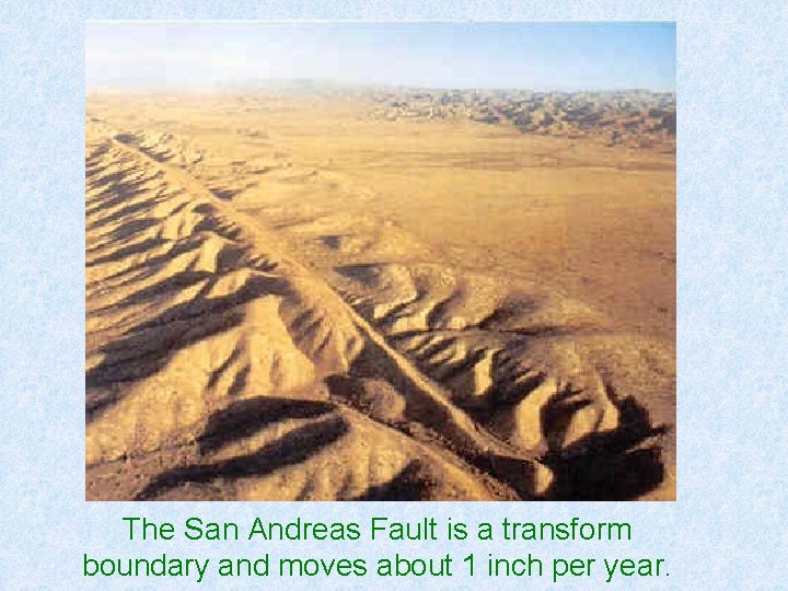 The San Andreas Fault is a transform boundary and moves about 1 inch per