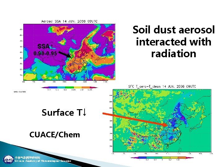 SSA↑ 0. 90 -0. 95 Surface T↓ CUACE/Chem 中国气象科学研究院 Chinese Academy of Meteorological Sciences