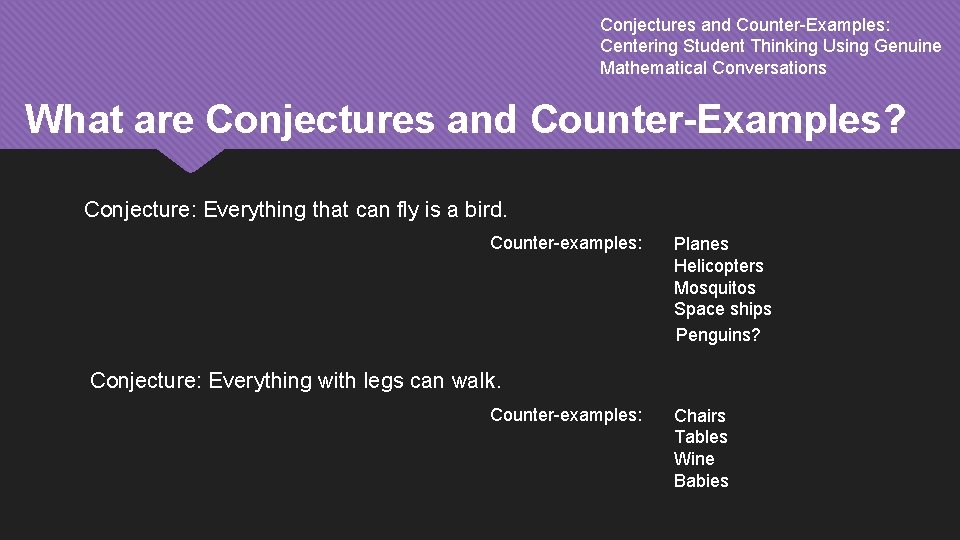 Conjectures and Counter-Examples: Centering Student Thinking Using Genuine Mathematical Conversations What are Conjectures and