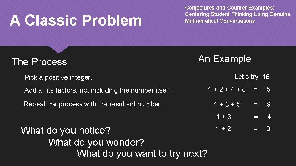 A Classic Problem The Process Conjectures and Counter-Examples: Centering Student Thinking Using Genuine Mathematical