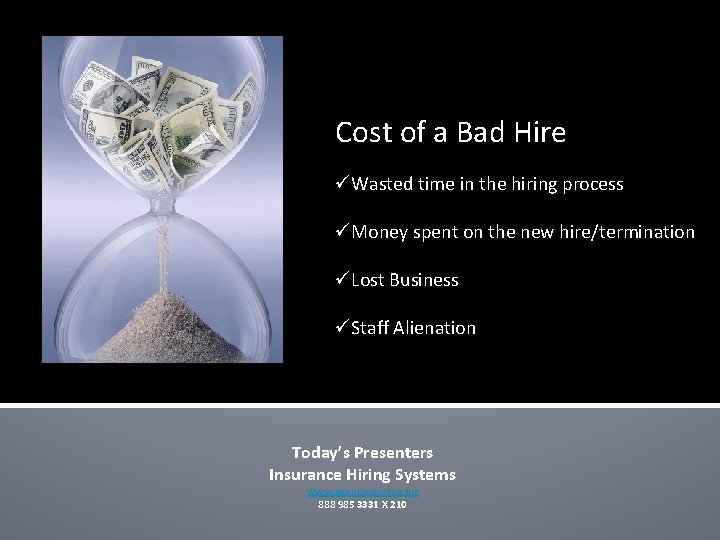 Cost of a Bad Hire üWasted time in the hiring process üMoney spent on