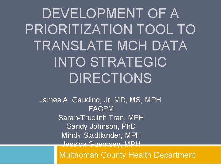 DEVELOPMENT OF A PRIORITIZATION TOOL TO TRANSLATE MCH DATA INTO STRATEGIC DIRECTIONS James A.