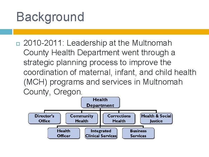 Background 2010 -2011: Leadership at the Multnomah County Health Department went through a strategic