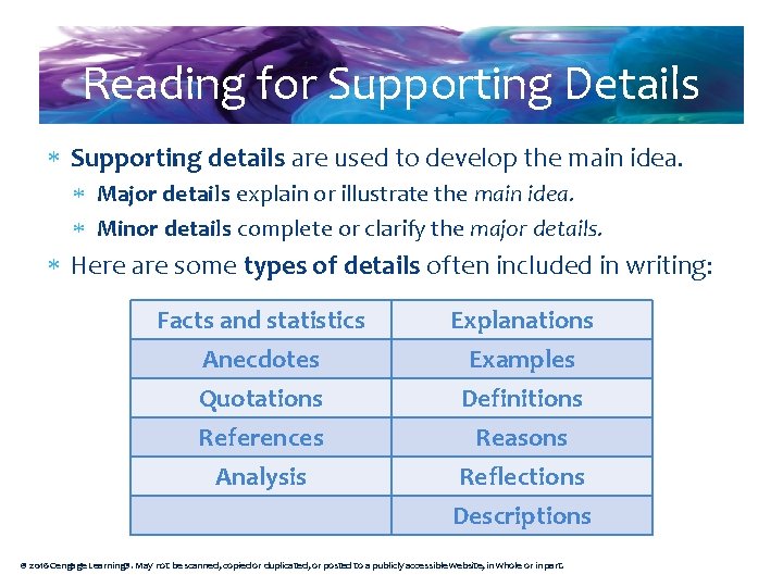 Reading for Supporting Details Supporting details are used to develop the main idea. Major