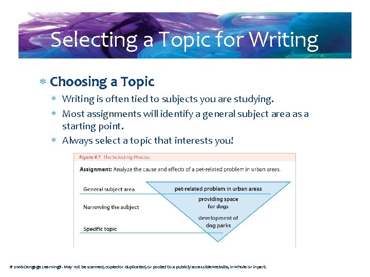 Selecting a Topic for Writing Choosing a Topic Writing is often tied to subjects