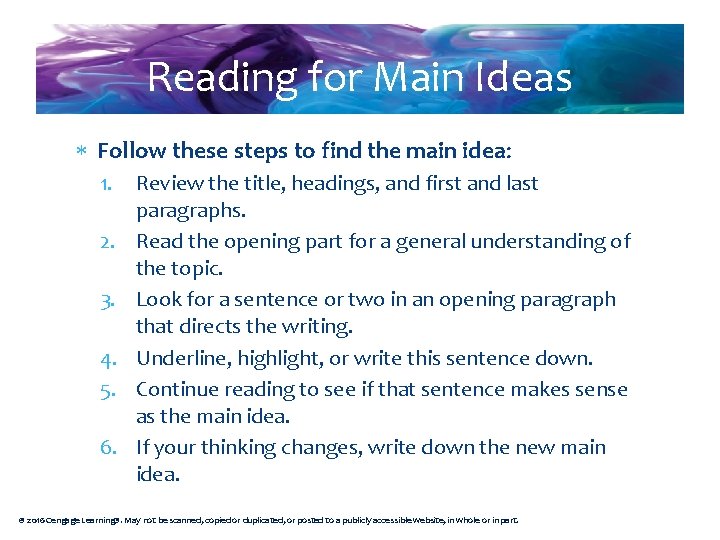 Reading for Main Ideas Follow these steps to find the main idea: 1. 2.