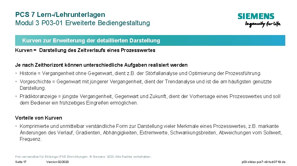 PCS 7 Lern-/Lehrunterlagen Modul 3 P 03 -01 Erweiterte Bediengestaltung Kurven zur Erweiterung der