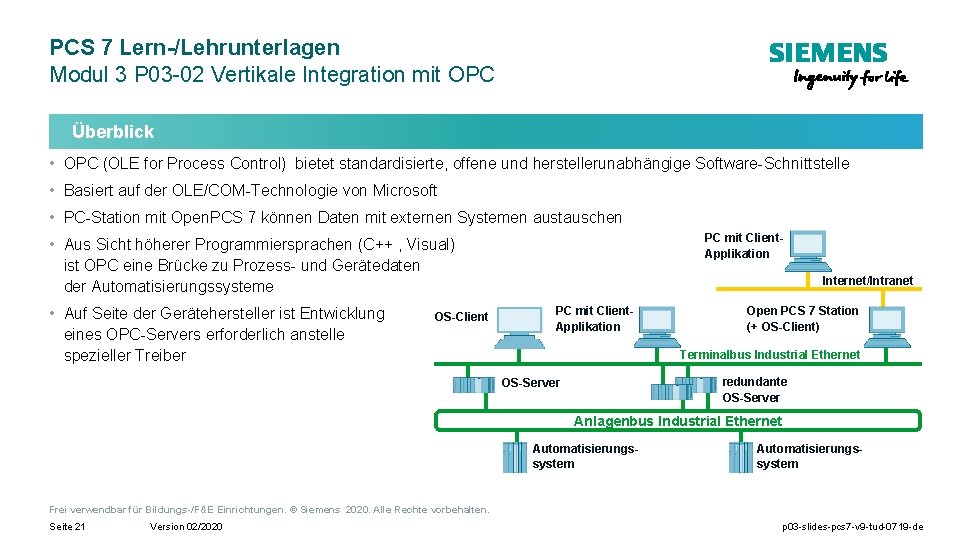 PCS 7 Lern-/Lehrunterlagen Modul 3 P 03 -02 Vertikale Integration mit OPC Überblick •