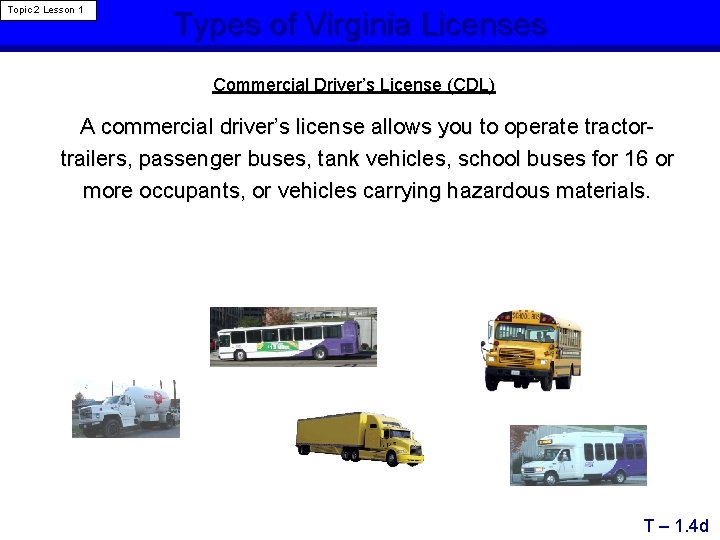 Topic 2 Lesson 1 Types of Virginia Licenses Commercial Driver’s License (CDL) A commercial