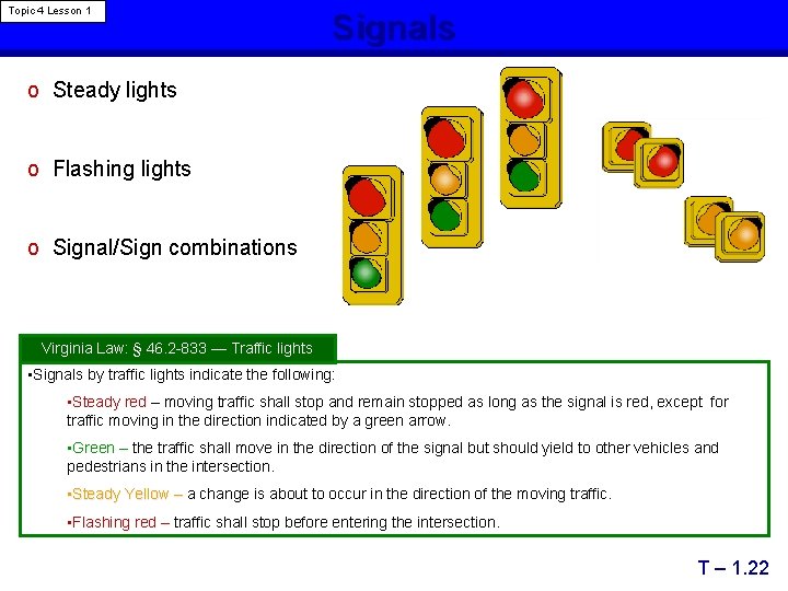 Topic 4 Lesson 1 Signals o Steady lights o Flashing lights o Signal/Sign combinations