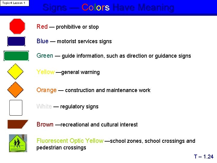 Topic 4 Lesson 1 Signs — Colors Have Meaning Red — prohibitive or stop