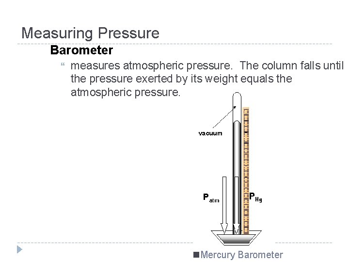 Measuring Pressure Barometer measures atmospheric pressure. The column falls until the pressure exerted by