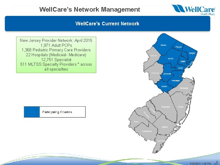 Well. Care’s Network Management New Jersey Provider Network: April 2015 1, 971 Adult PCPs