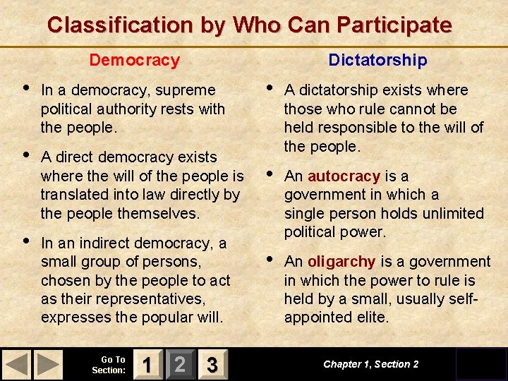 Classification by Who Can Participate Democracy • In a democracy, supreme political authority rests