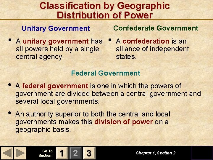 Classification by Geographic Distribution of Power Confederate Government Unitary Government • A unitary government