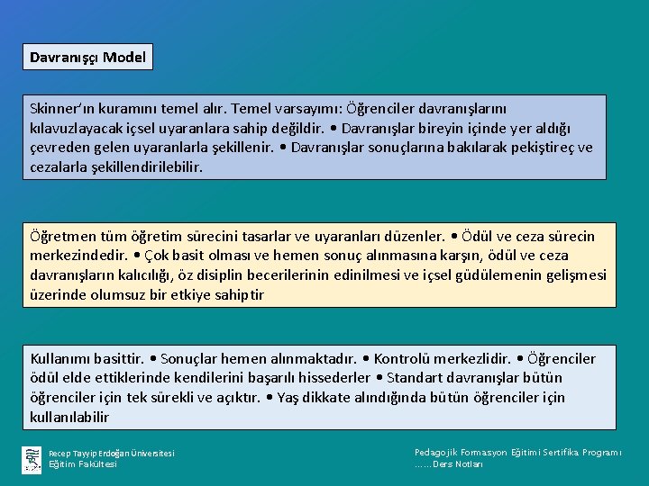 Davranışçı Model Skinner’ın kuramını temel alır. Temel varsayımı: Öğrenciler davranışlarını kılavuzlayacak içsel uyaranlara sahip