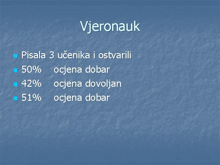 Vjeronauk n n Pisala 3 učenika i ostvarili 50% ocjena dobar 42% ocjena dovoljan