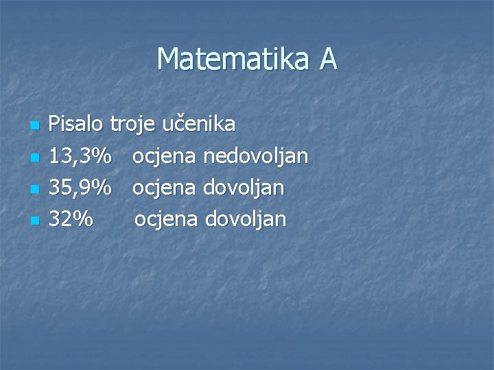 Matematika A n n Pisalo troje učenika 13, 3% ocjena nedovoljan 35, 9% ocjena