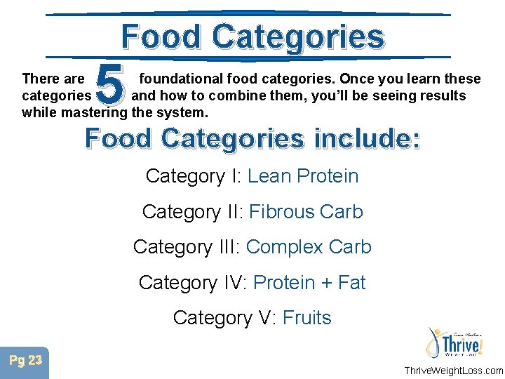 Food Categories 5 There are foundational food categories. Once you learn these categories and