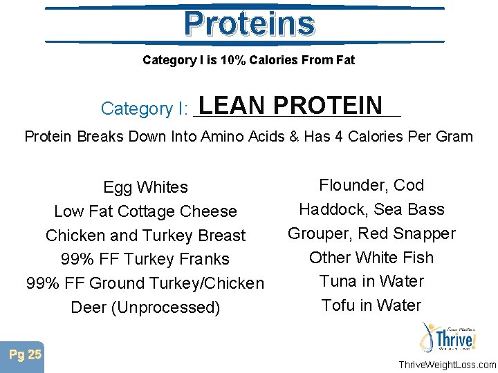 Proteins Category I is 10% Calories From Fat LEAN PROTEIN Category I: _________ Protein