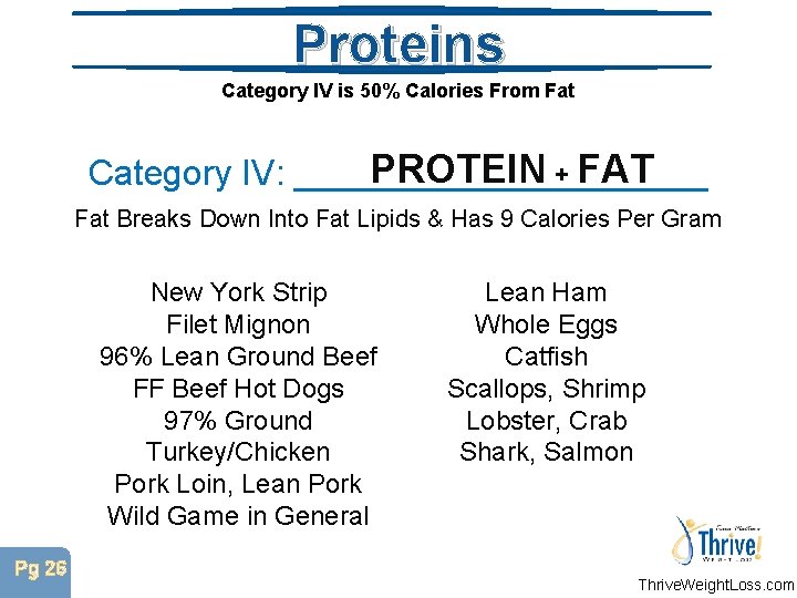 Proteins Category IV is 50% Calories From Fat PROTEIN + FAT Category IV: ___________