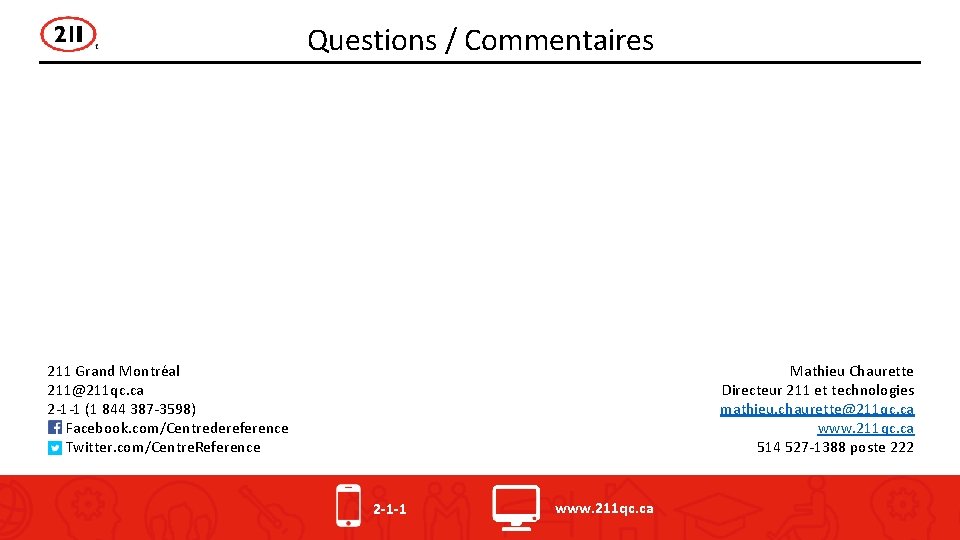 Questions / Commentaires 211 Grand Montréal 211@211 qc. ca 2 -1 -1 (1 844