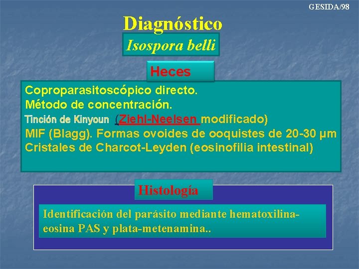 GESIDA/98 Diagnóstico Isospora belli Heces Coproparasitoscópico directo. Método de concentración. Tinción de Kinyoun (Ziehl-Neelsen