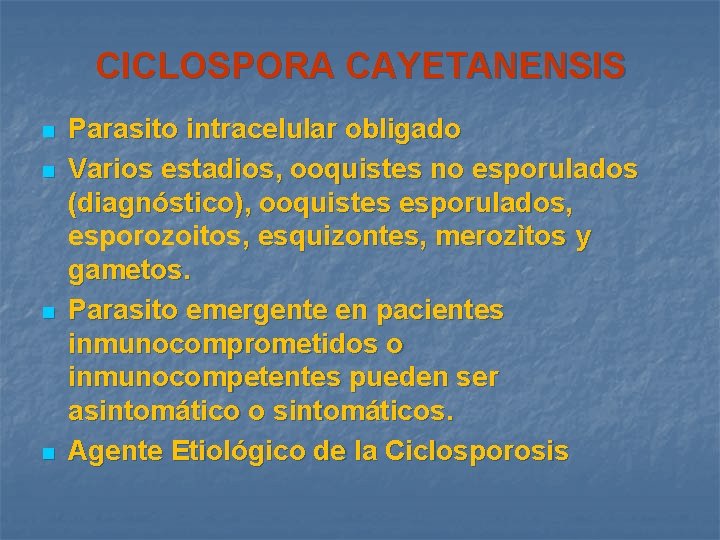CICLOSPORA CAYETANENSIS n n Parasito intracelular obligado Varios estadios, ooquistes no esporulados (diagnóstico), ooquistes