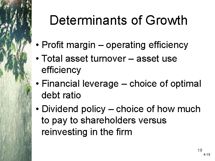 Determinants of Growth • Profit margin – operating efficiency • Total asset turnover –