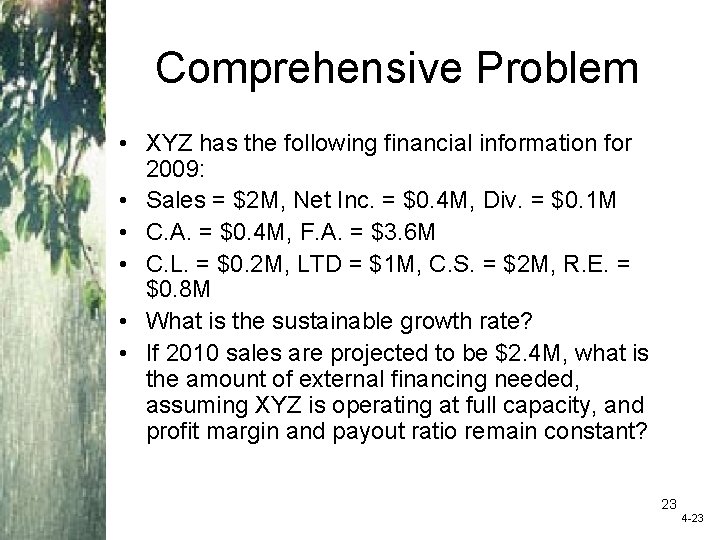 Comprehensive Problem • XYZ has the following financial information for 2009: • Sales =