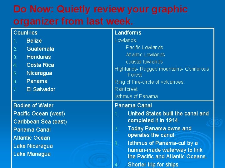 Do Now: Quietly review your graphic organizer from last week. Countries 1. Belize 2.