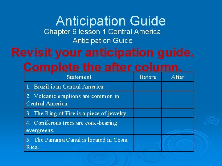 Anticipation Guide Chapter 6 lesson 1 Central America Anticipation Guide Revisit your anticipation guide.