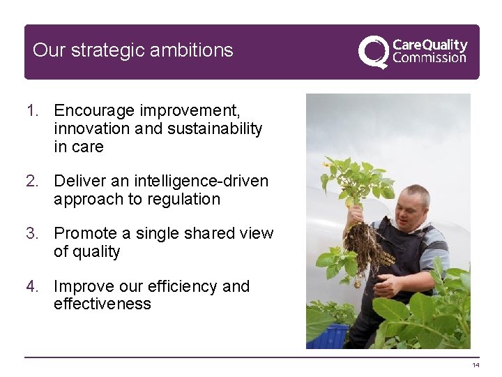 Our strategic ambitions 1. Encourage improvement, innovation and sustainability in care 2. Deliver an