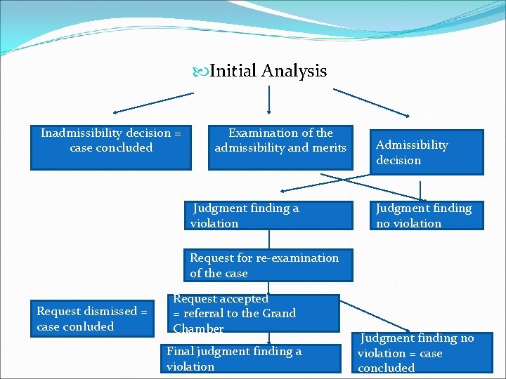  Initial Analysis Inadmissibility decision = case concluded Examination of the admissibility and merits