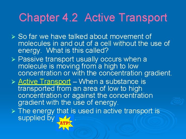 Chapter 4. 2 Active Transport So far we have talked about movement of molecules