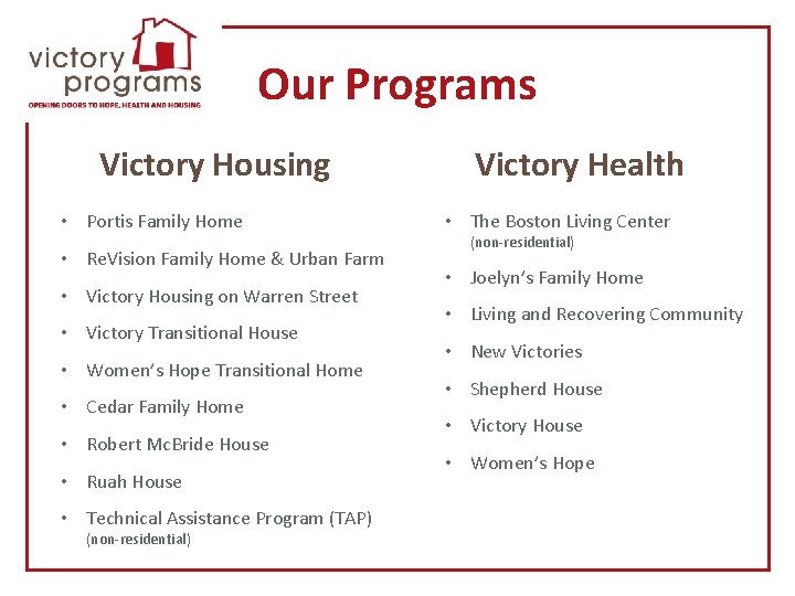 Our Programs Victory Housing • Portis Family Home • Re. Vision Family Home &