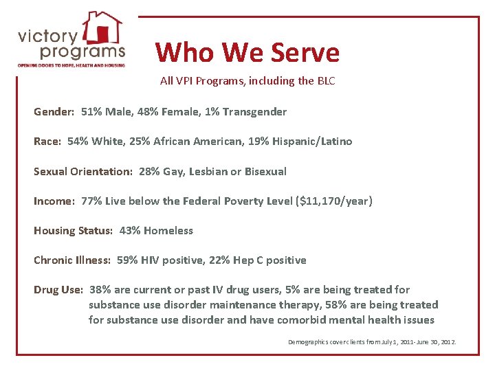 Who We Serve All VPI Programs, including the BLC Gender: 51% Male, 48% Female,