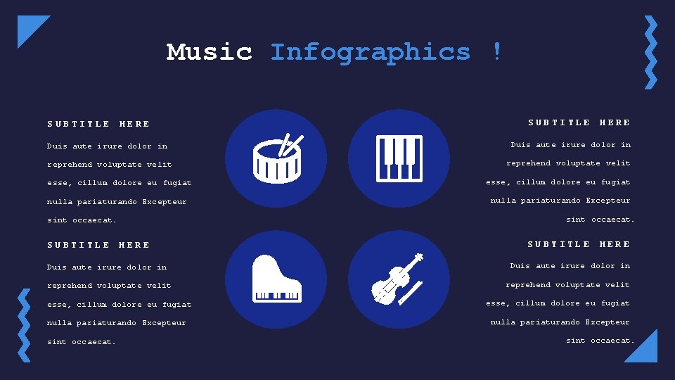 Music Infographics ! SUBTITLE HERE Duis aute irure dolor in reprehend voluptate velit esse,