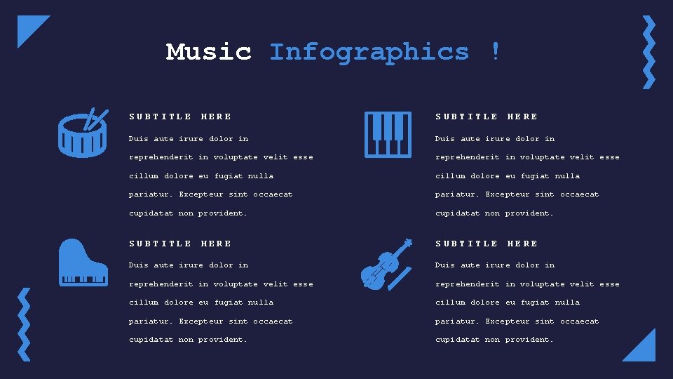 Music Infographics ! SUBTITLE HERE Duis aute irure dolor in reprehenderit in voluptate velit