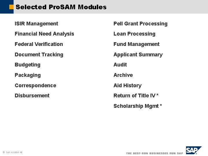 Selected Pro. SAM Modules ISIR Management Pell Grant Processing Financial Need Analysis Loan Processing