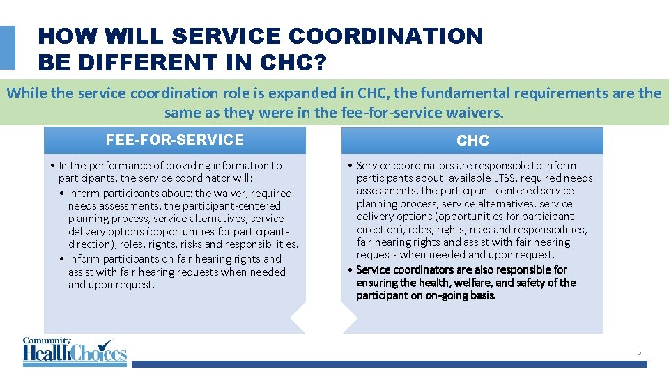 HOW WILL SERVICE COORDINATION BE DIFFERENT IN CHC? While the service coordination role is