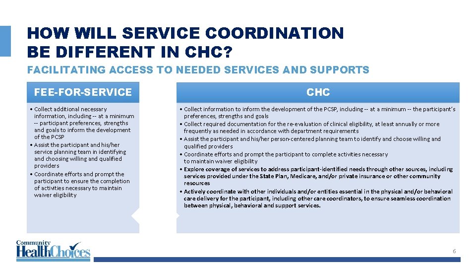 HOW WILL SERVICE COORDINATION BE DIFFERENT IN CHC? FACILITATING ACCESS TO NEEDED SERVICES AND