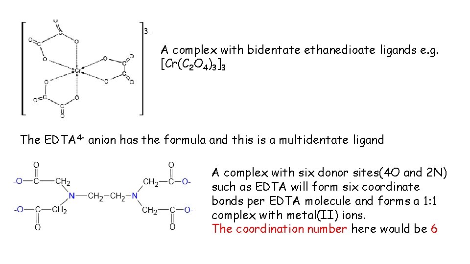 A complex with bidentate ethanedioate ligands e. g. [Cr(C 2 O 4)3]3 The EDTA