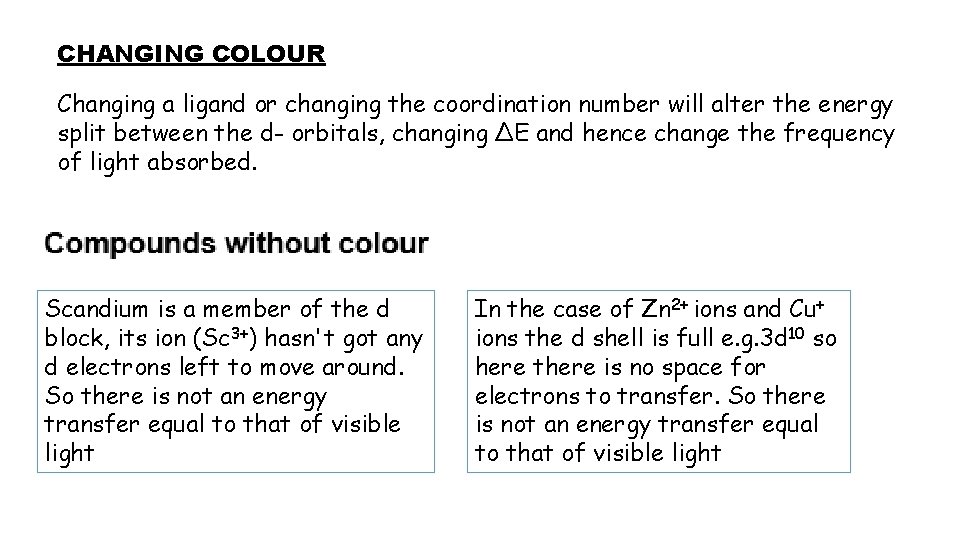 CHANGING COLOUR Changing a ligand or changing the coordination number will alter the energy CHANGING COLOUR Changing a ligand or changing the coordination number will alter the energy