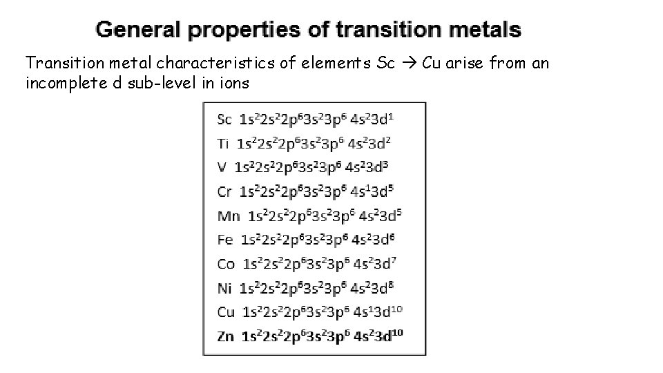 Transition metal characteristics of elements Sc Cu arise from an incomplete d sub-level in Transition metal characteristics of elements Sc Cu arise from an incomplete d sub-level in
